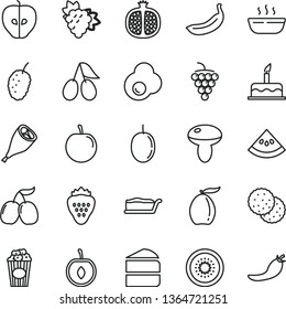 thin line vector icon set - cake vector, mushroom, piece of, slice, hot porridge, grill chicken leg, cup popcorn, fried egg, strawberry, biscuit, half pomegranate, branch grape, large, tasty apple