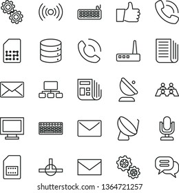 thin line vector icon set - desktop microphone vector, monitor window, envelope, thumb up, big data, phone call, gears, satellite dish, antenna, SIM card, scheme, morning paper, newspaper, keyboard
