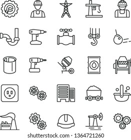 thin line vector icon set - builder vector, winch hook, gears, concrete mixer, cordless drill, sewerage, power socket type b, buildings, construction helmet, star gear, core, working oil derrick