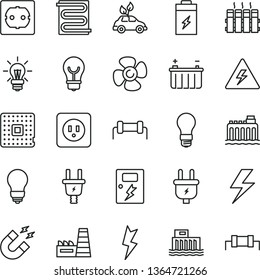 thin line vector icon set - lightning vector, danger of electricity, bulb, power socket type b, f, dangers, heating coil, radiator, fan screw, charging battery, light, hydroelectric station, plug