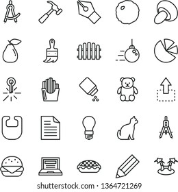thin line vector icon set - laptop vector, scribbled paper, baby powder, bib, small teddy bear, big core, wooden paint brush, hedge, hammer with claw, move up, burger, porcini, apple pie, cabbage