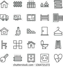 thin line vector icon set - house vector, bedside table, baby cot, a chair for feeding, dwelling, brick wall, wooden paint brush, stepladder, toilet, lay out of flat, power socket type f, city block