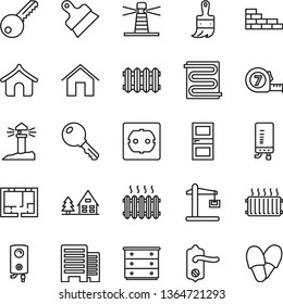 thin line vector icon set - chest of drawers vector, brick wall, long meashuring tape, wooden paint brush, lay out flat, power socket type f, key, door knob, interroom, buildings, putty knife, home