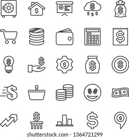 thin line vector icon set - growth up vector, dollar, strongbox, coins, shopping cart, basket, column of, chart, denomination the, financial item, get a wage, wallet, money, engineer calculator, bag