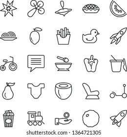 thin line vector icon set - image of thought vector, Child T shirt, baby rattle, car seat, duckling, children's sand set, deep plate with a spoon, toy train, small yule, bicycle, Kick scooter, onion
