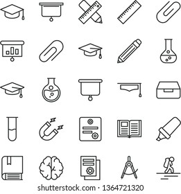 thin line vector icon set - clip vector, graphite pencil, yardstick, e, writing accessories, book, drawer, square academic hat, round flask, magnet, scribed compasses, text highlighter, presentation
