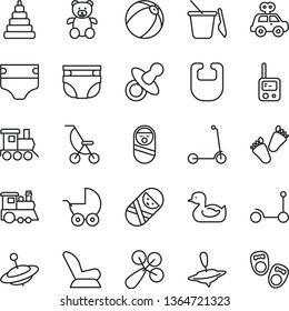 thin line vector icon set - dummy vector, diaper, nappy, bib, baby rattle, car child seat, stroller, summer, rubber duck, bath ball, stacking toy, motor vehicle present, roly poly doll, tumbler