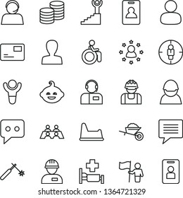 thin line vector icon set - image of thought vector, woman, potty chair, funny hairdo, workman, garden trolley, pass card, operator, coins, racer, builder, welding, man, goal, think, conversation