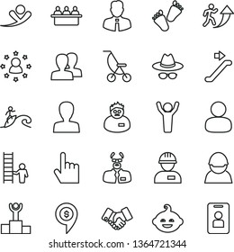thin line vector icon set - woman vector, women, hat with glasses, summer stroller, funny hairdo, children's tracks, workman, employee, index finger, racer, court hearing, man, handclasp, scientist