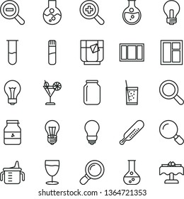 thin line vector icon set - matte light bulb vector, incandescent lamp, magnifier, zoom, out, measuring cup for feeding, mercury thermometer, window, frame, a glass of soda, tea, cocktail, jar jam