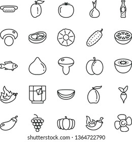 thin line vector icon set - mini hot dog vector, mushroom, bacon, cucumber, chili, fish, a glass of tea, bottle soda, apple, large grape, fig, loquat, ripe plum, kiwi, piece coconut, slice pineapple