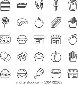 thin line vector icon set - kiosk vector, piece of cheese, canned goods, fried vegetables on sticks, Hot Dog, big burger, cake, muffin, slice, chicken thigh, lollipop, French fries, potato slices