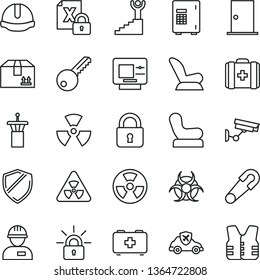thin line vector icon set - Baby chair vector, car child seat, safety pin, bag of a paramedic, medical, workman, key, ntrance door, construction helmet, lock, cardboard box, radiation hazard, atm