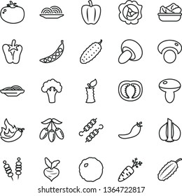 thin line vector icon set - fried vegetables on sticks vector, onion, slices of, mushroom, porcini, lettuce in a plate, meat skewers, cabbage, cucumber, tomato, peper, squash, goji berry, apple stub