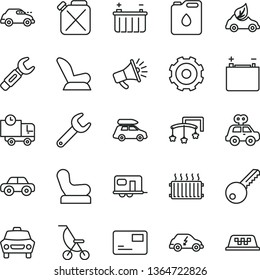 thin line vector icon set - truck lorry vector, toys over the cot, Baby chair, car child seat, summer stroller, motor vehicle, present, key, pass card, delivery, accumulator, battery, canister, eco