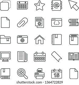 thin line vector icon set - monitor window vector, clip, bookmark, clean sheet of paper, zoom, folder, book, e, books, home, calendar, star, notebook, address, copy, scientific publication, wall