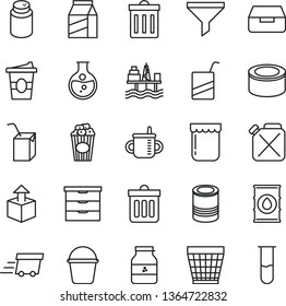 thin line vector icon set - wicker pot vector, bin, storage unit, mug for feeding, powder, e, packing of juice with a straw, bucket, dust, drawer, package, unpacking, canned goods, tin, cup popcorn