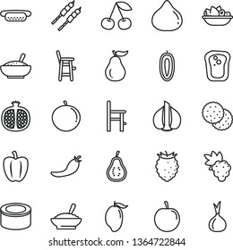 thin line vector icon set - a chair for feeding vector, child, canned goods, mini hot dog, bowl of buckwheat porridge, rice, plate fruit, barbecue, biscuit, sandwich, cherry, half pomegranate, grape