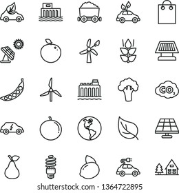 thin line vector icon set - pear vector, mint, tangerine, yellow lemon, delicious apple, peas, broccoli, solar panel, big, leaf, windmill, wind energy, planet Earth, hydroelectric station, eco car