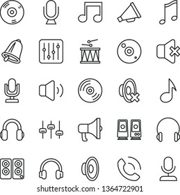 thin line vector icon set - desktop microphone vector, horn, loudspeaker, silent mode, drumroll, bell, headphones, music, CD, regulator, volume, no sound, phone call, megaphone, pc speaker, note