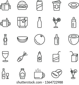 thin line vector icon set - mug for feeding vector, measuring cup, bottle, e, packing of juice with a straw, burger, plate milk, coffee beans, tea, coffe to go, glass, cocktail, soda can, orange