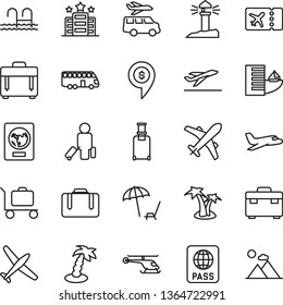 thin line vector icon set - suitcase vector, case, passport, coastal lighthouse, helicopter, dollar pin, plane, bus, passenger, rolling, ticket, departure, hotel, arnchair under umbrella, palm tree