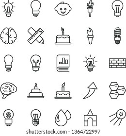 thin line vector icon set - matte light bulb vector, children's hairdo, box of bricks, cake, birthday, brickwork, writing accessories, honeycombs, drop, energy saving, book on statistics, brain