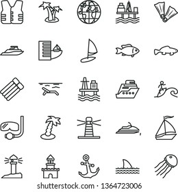 thin line vector icon set - anchor vector, small fish, sea port, commercial seaport, lighthouse, coastal, planet, sand castle, sail boat, hotel, beach, palm tree, flippers, diving mask, surfing