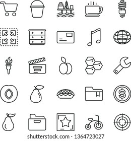 thin line vector icon set - repair key vector, movie cracker, folder bookmark, chest of drawers, child bicycle, bucket, music, pass card, coffee, size, apple pie, honeycombs, pear, plum, ripe guava