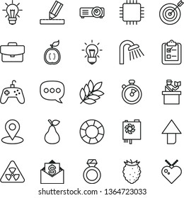 thin line vector icon set - upward direction vector, shower, drawing, suitcase, survey, pear, tasty raspberry, half of guawa, geolocation, bulb, speech, pc power supply, cpu, projector, joystick