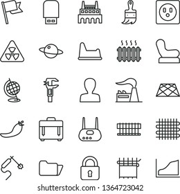 thin line vector icon set - woman vector, Baby chair, potty, wooden paint brush, pavement, lock, case, flag, planet, red pepper, factory, socket, industrial, cloth industry, weaving, gas welding