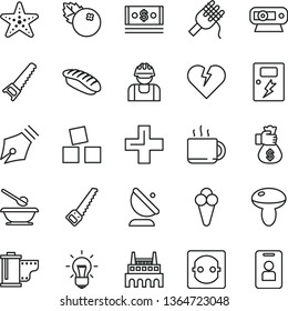 thin line vector icon set - plus vector, camera roll, plates and spoons, cubes for children, hand saw, arm, dangers, broken heart, spaghetti, mushroom, japanese sushi, cup of tea, cone, blueberries