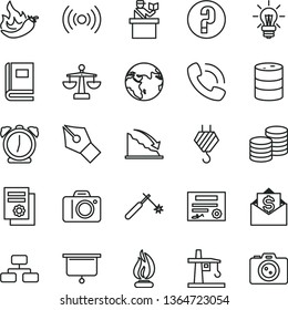 thin line vector icon set - camera vector, scales, question, hook, alarm clock, flowchart, coins, hot pepper, barrel, tower crane, welding, recession, scientific publication, light bulb, phone call