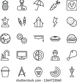thin line vector icon set - builder vector, bucket, lightning, kitchen faucet, umbrella, screen, fried vegetables on sticks, burger, pie, chicken leg, strawberry, biscuit, pineapple, carrot, planet