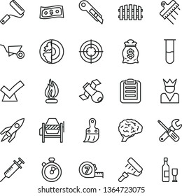 thin line vector icon set - building trolley vector, concrete mixer, small tools, long meashuring tape, new roller, paint, plastic brush, spatula, fence, stationery knife, test tube, brain, flame