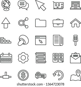 thin line vector icon set - laptop vector, upward direction, house, brick wall, heating coil, received letter, porcini, popsicle, portfolio, connections, dollar, calendar, newspaper, pc card, folder