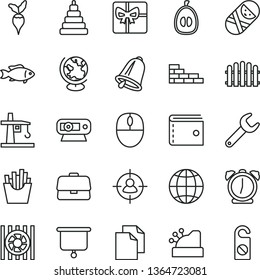 thin line vector icon set - purse vector, clean paper, stacking toy, tumbler, brick wall, hedge, bell, alarm clock, earth, French fries, fish, half loquat, radish, tower crane, repair key, briefcase