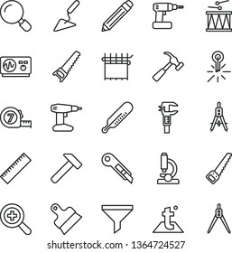 thin line vector icon set - graphite pencil vector, yardstick, zoom, mercury thermometer, drumroll, building trowel, cordless drill, hand saw, arm, long meashuring tape, putty knife, stationery