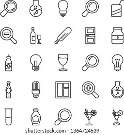 thin line vector icon set - matte light bulb vector, incandescent lamp, zoom, out, mercury thermometer, e, window, interroom door, cocktail, glass, bottle of soda, jar jam, liquor, round flask, wine