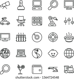 thin line vector icon set - camera vector, laptop, monitor, purse, children's hairdo, radiator, earth, screen, porridge in a saucepan, cocktail, planet, electric car, robot welder, computer, chair
