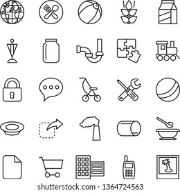 thin line vector icon set - summer stroller vector, bath ball, baby, plates and spoons, toy train, Puzzles, small tools, sewerage, city block, lock, speech, package, move right, a plate of milk, jar