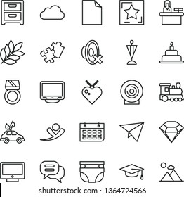 thin line vector icon set - clean sheet of paper vector, silent mode, nappy, birthday cake, Puzzle, screen, nightstand, lens, environmentally friendly transport, wall calendar, monitor, cloud, star