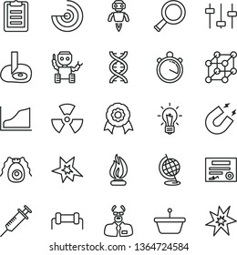 thin line vector icon set - pan vector, nuclear, zoom, dna, bulb, settings, bactery, globe, magnet, flame, scientist, clipboard, artifical insimination, growth graph, radar, medal, robot, syringe