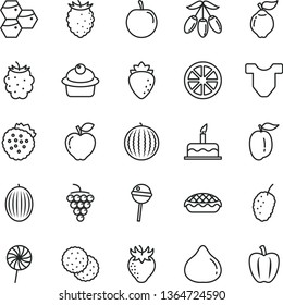 thin line vector icon set - Child T shirt vector, cake, muffin, apple pie, Chupa Chups, lollipop, strawberries, biscuit, honeycombs, large grape, quince, red, raspberry, strawberry, fig, blackberry