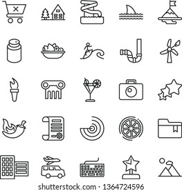 thin line vector icon set - keyboard vector, folder bookmark, powder, siphon, city block, camera, crossed cart, a plate of fruit, chili, cocktail, slice lemon, wind energy, research article, radar