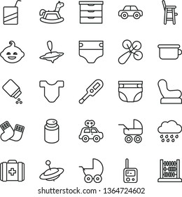 thin line vector icon set - storage unit vector, diaper, nappy, powder, baby, Child T shirt, rattle, chair, stroller, carriage, electronic thermometer e, rainy cloud, warm socks, medical bag, yule