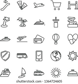 thin line vector icon set - earth vector, plane, train, bus, air balloon, airport tower, escalator, rope barrier, phone registration, departure, credit card, sun, palm tree, aquapark, flippers, cart