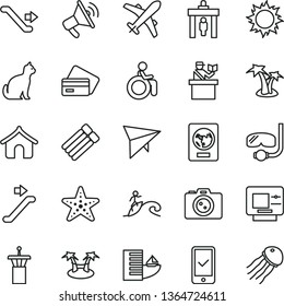 thin line vector icon set - hang glider vector, airport tower, escalator, security gate, passort control, passport, plane, phone registration, atm, credit card, hotel, boungalow, sun, palm tree