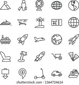 thin line vector icon set - car child seat vector, Kick scooter, building trolley, globe, earth, planet, retro, coastal lighthouse, space rocket, lunar rover, mountain flag, dollar pin, plane, beach