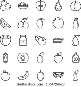 thin line vector icon set - cake slice vector, a plate of fruit, jar jam, blueberries, orange, apple, half apricot, red, tasty, rose hip, cornels, mango, water melon, loquat, passion, sweet date